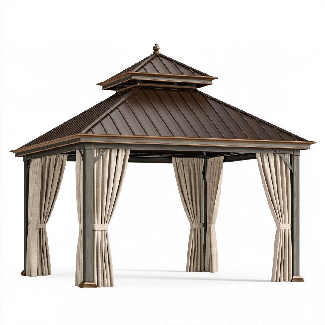 Gazebo da giardino 300 x 300 x 290 cm in metallo marrone con tende - copertura a doppio tetto