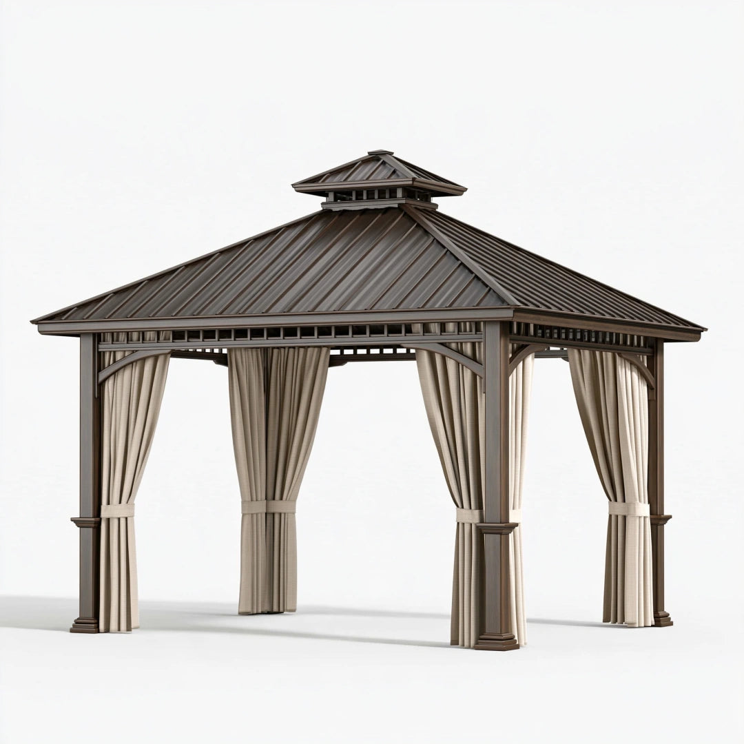 Gazebo da giardino 300 x 300 x 300 cm in metallo marrone con tende beige - struttura coperta stile classico