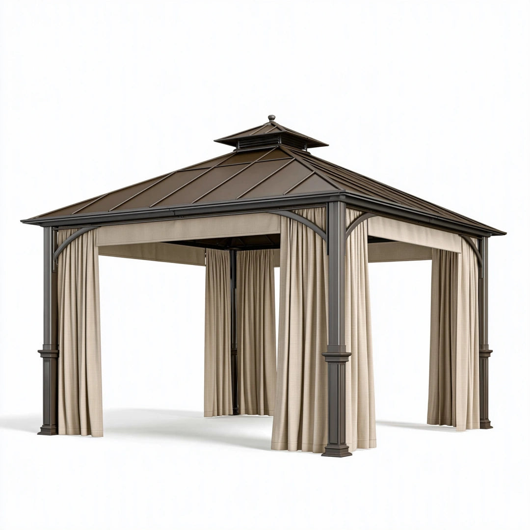 Gazebo da giardino 300 x 300 x 300 cm in metallo marrone con tende stile classico