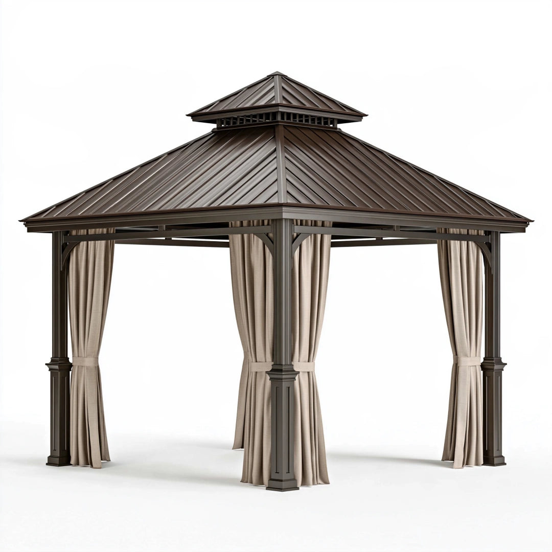 Gazebo da giardino 400 x 400 cm in metallo marrone con tende - copertura a padiglione