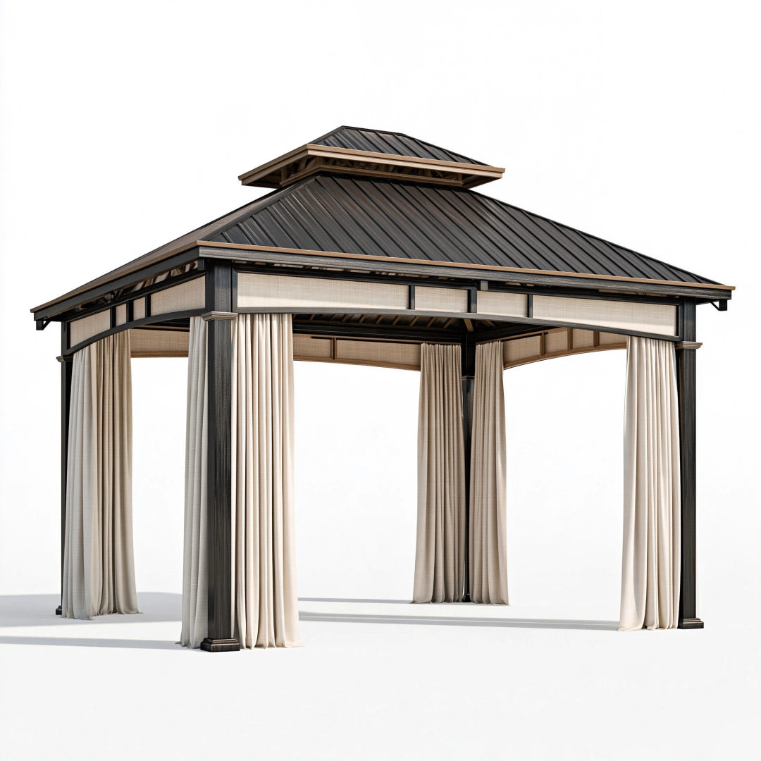 Gazebo da giardino 300 x 300 x 300 cm in metallo nero con tende beige - copertura a padiglione