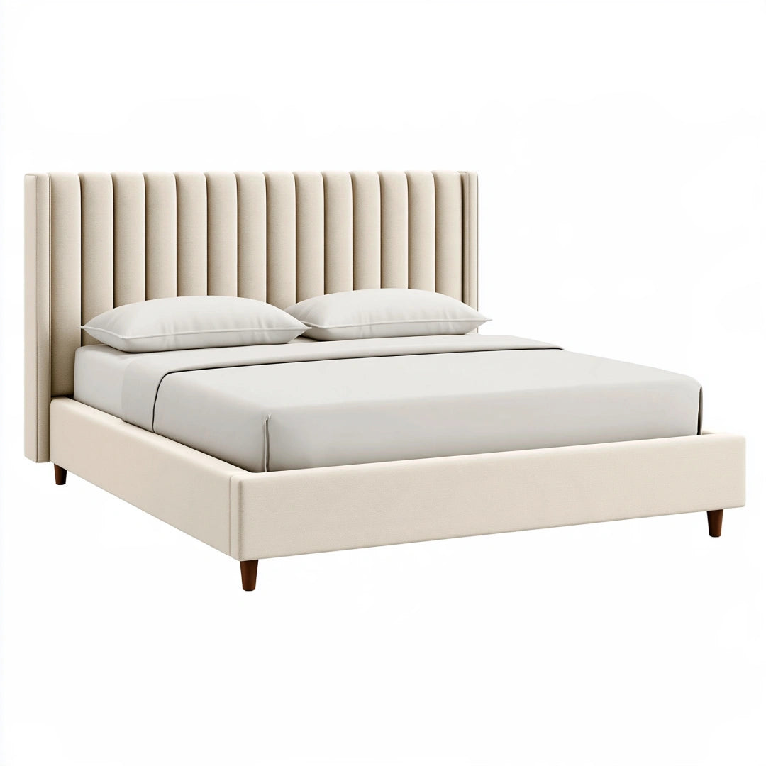 Letto matrimoniale 160 x 200 cm in tessuto beige con testiera imbottita moderna