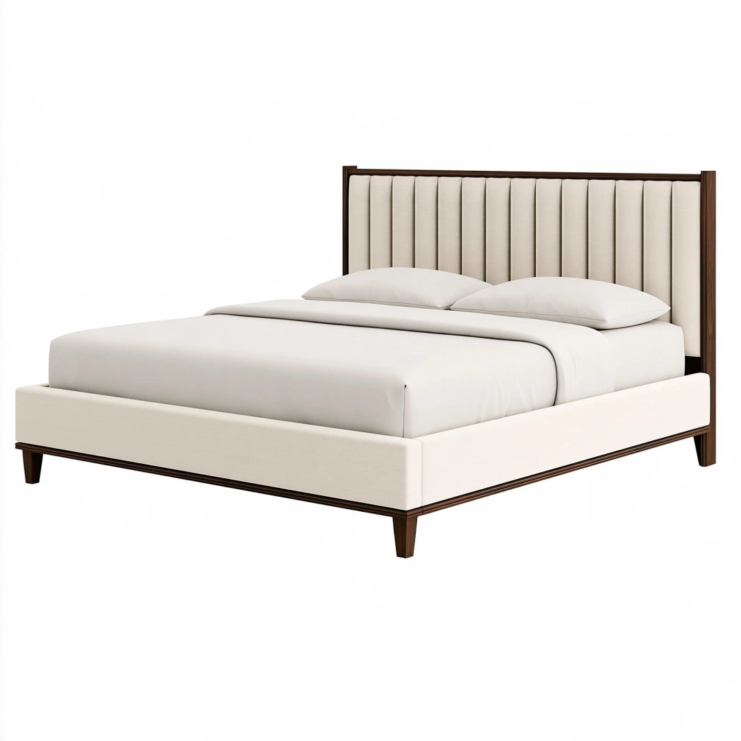 Letto matrimoniale 160 x 200 cm in legno noce e tessuto beige - testiera imbottita a pannelli verticali