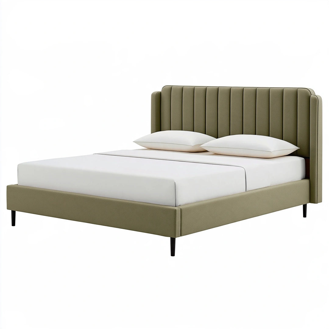 Letto matrimoniale 160 x 200 cm imbottito in tessuto verde oliva con testiera scanalata