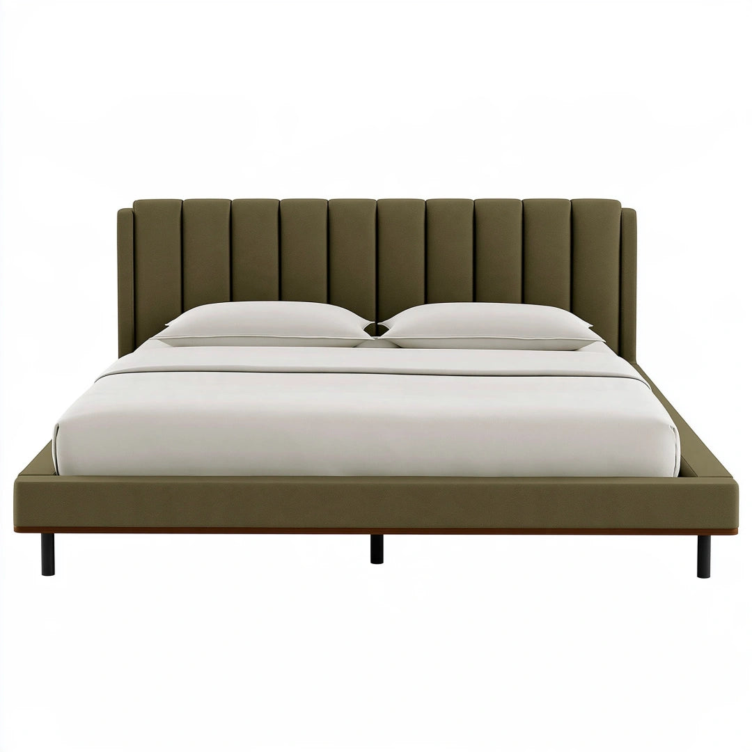 Letto matrimoniale 160 x 200 cm in tessuto verde oliva con testiera imbottita