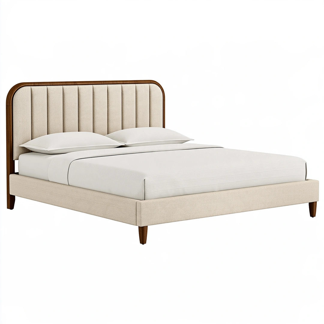 Letto matrimoniale 160 x 200 cm imbottito beige e legno marrone con testiera a pannelli