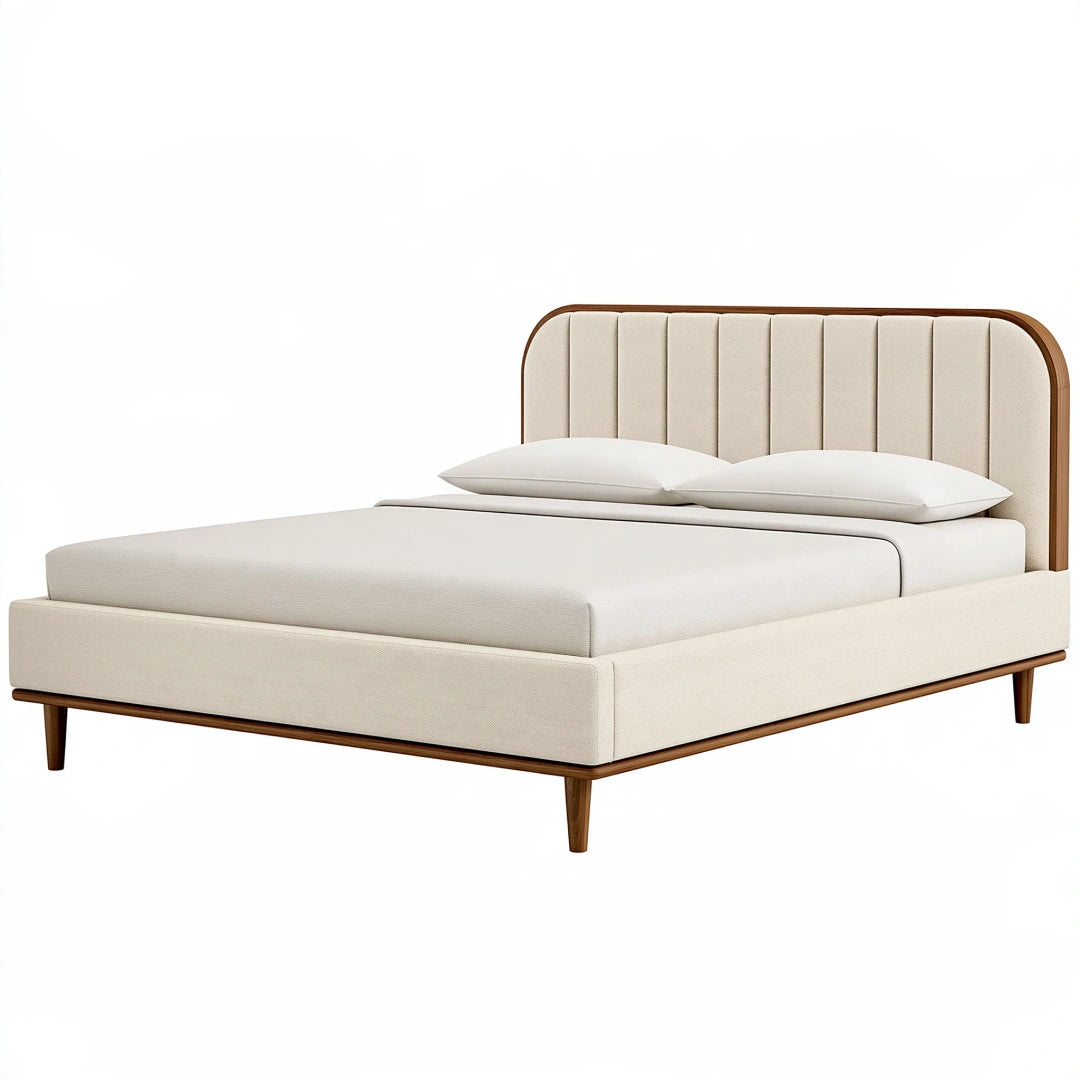 Letto matrimoniale 160 x 200 cm in tessuto avorio e legno marrone - testiera imbottita moderna