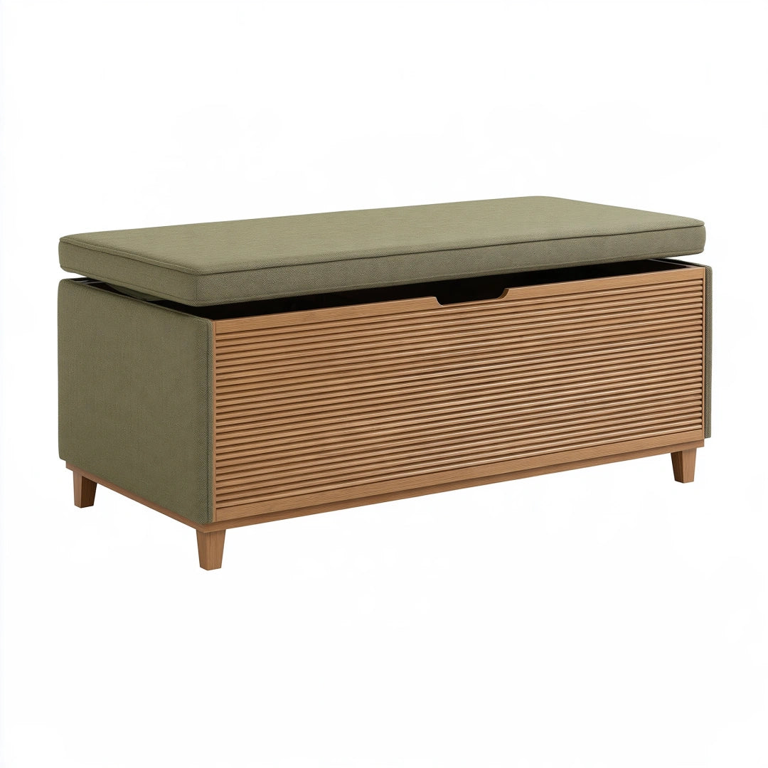 Panca contenitore 120 x 40 x 50 cm in legno e tessuto verde oliva stile moderno