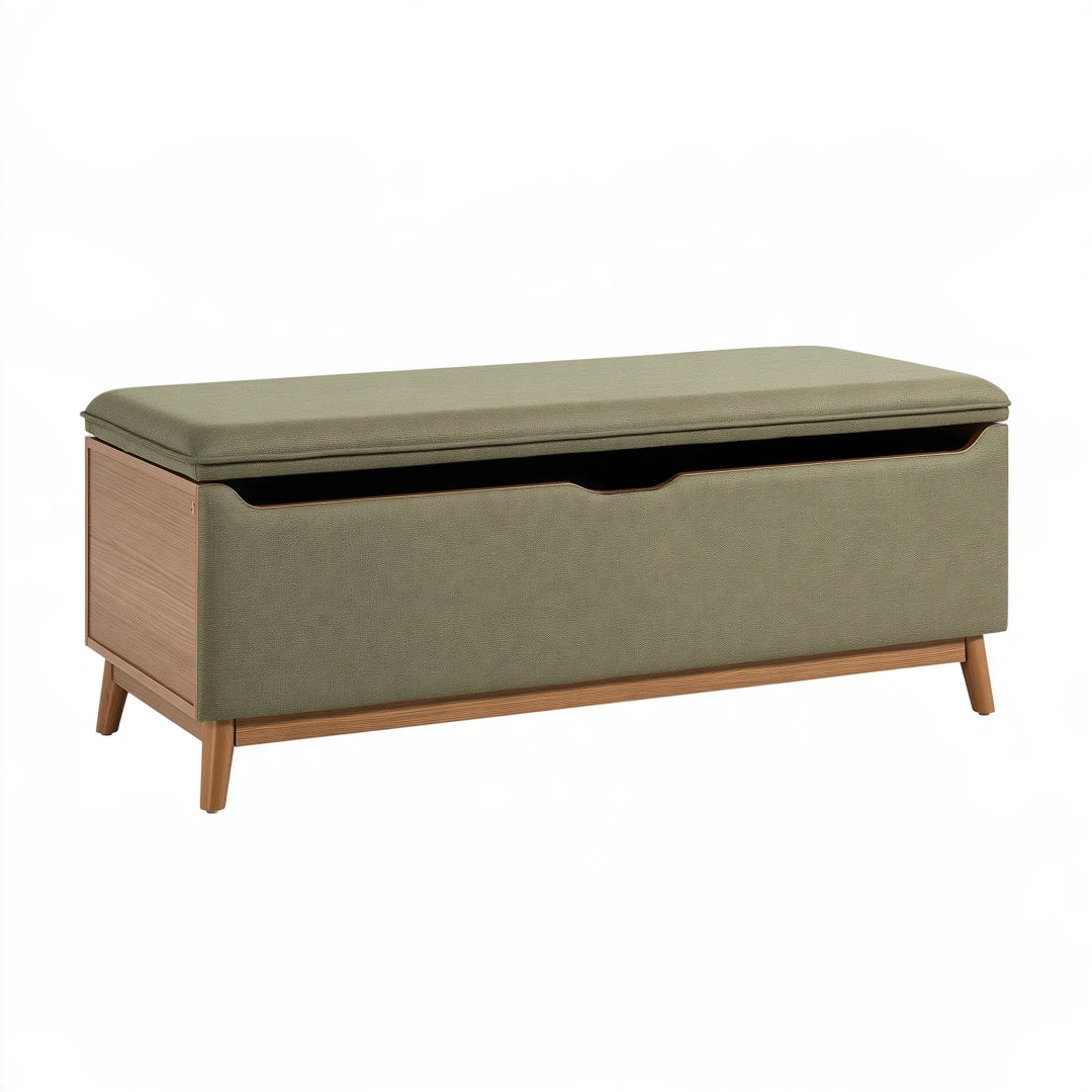 Panca contenitore 100 x 40 x 50 cm in tessuto verde e legno - seduta imbottita con vano portaoggetti