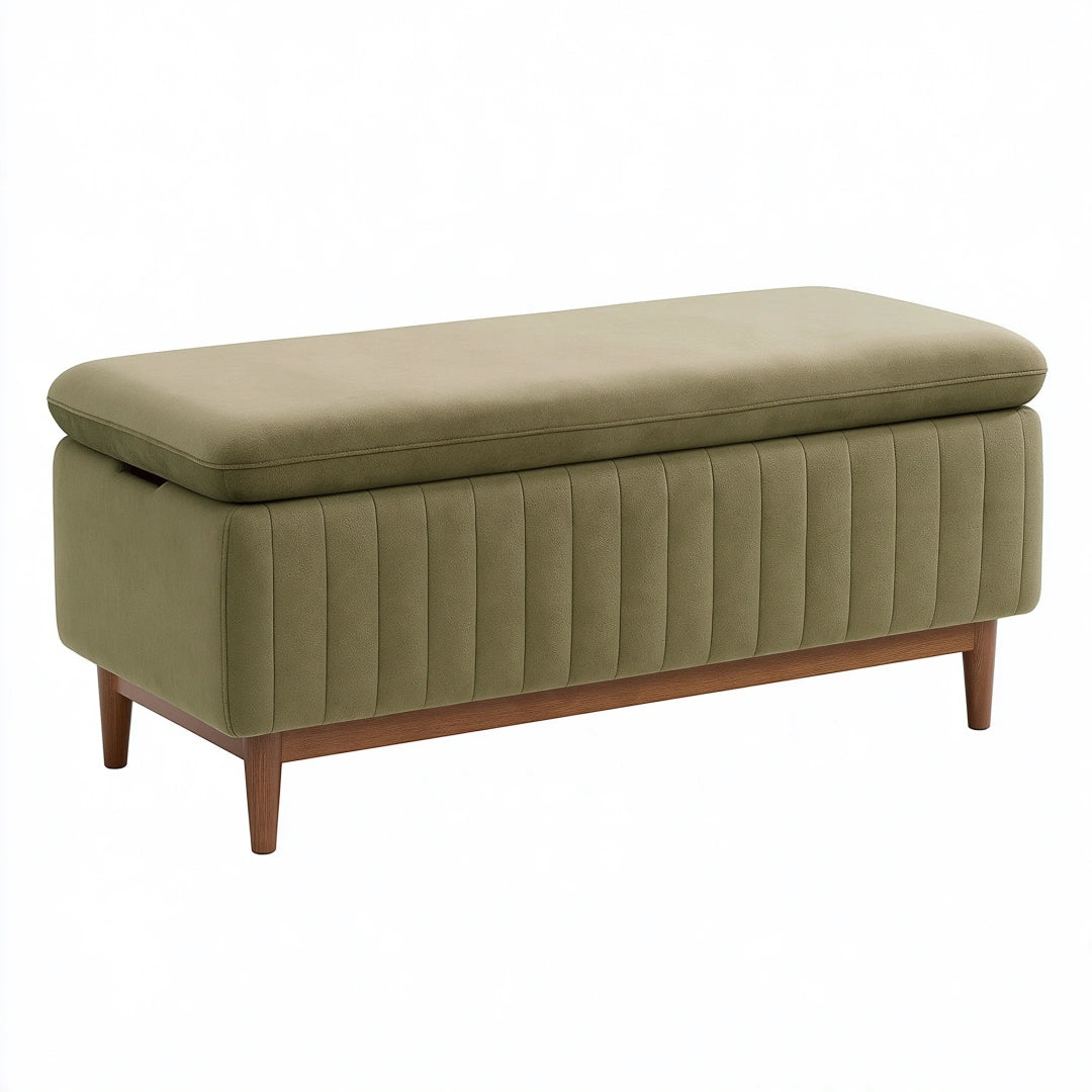 Panca contenitore 100 x 45 x 48 cm in tessuto verde oliva con gambe in legno stile moderno