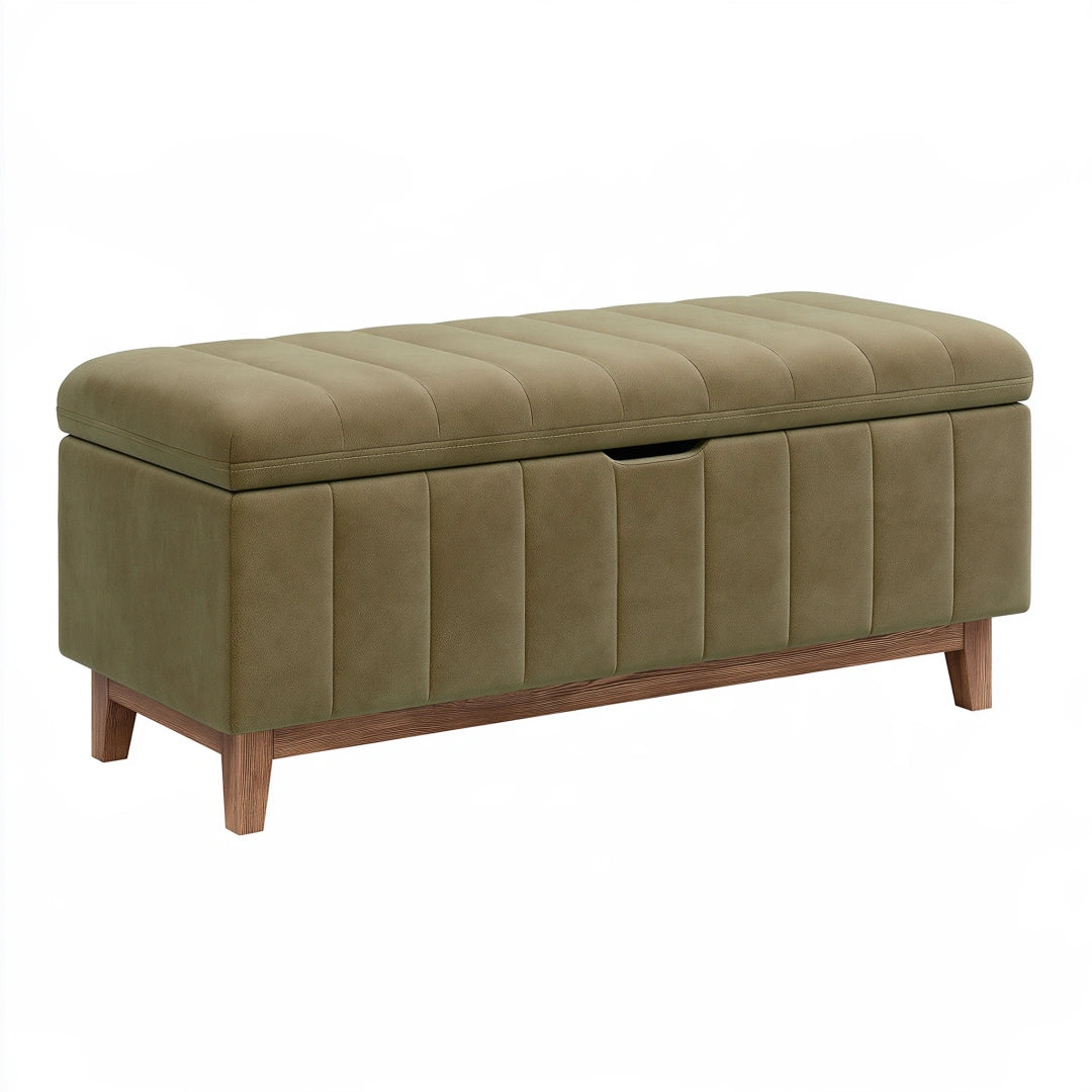 Panca contenitore 110 x 45 x 48 cm in tessuto verde oliva con gambe in legno stile moderno