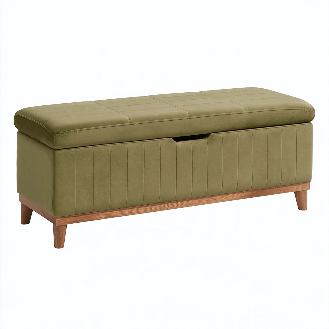 Panca contenitore 100 x 40 x 48 cm in tessuto verde con gambe in legno - seduta imbottita moderna