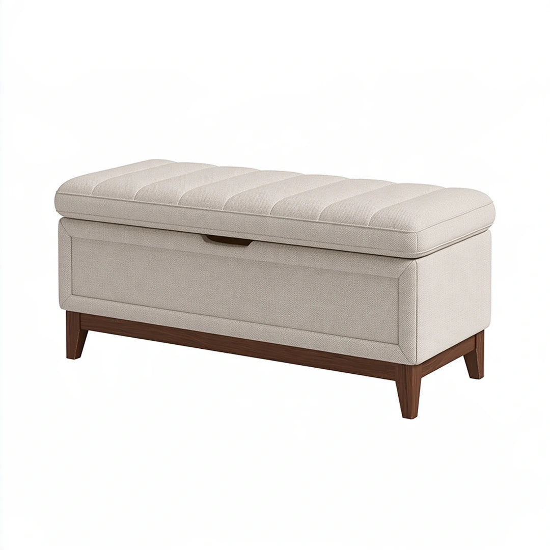 Panca contenitore 120 x 45 x 48 cm in tessuto beige con gambe in legno - seduta imbottita