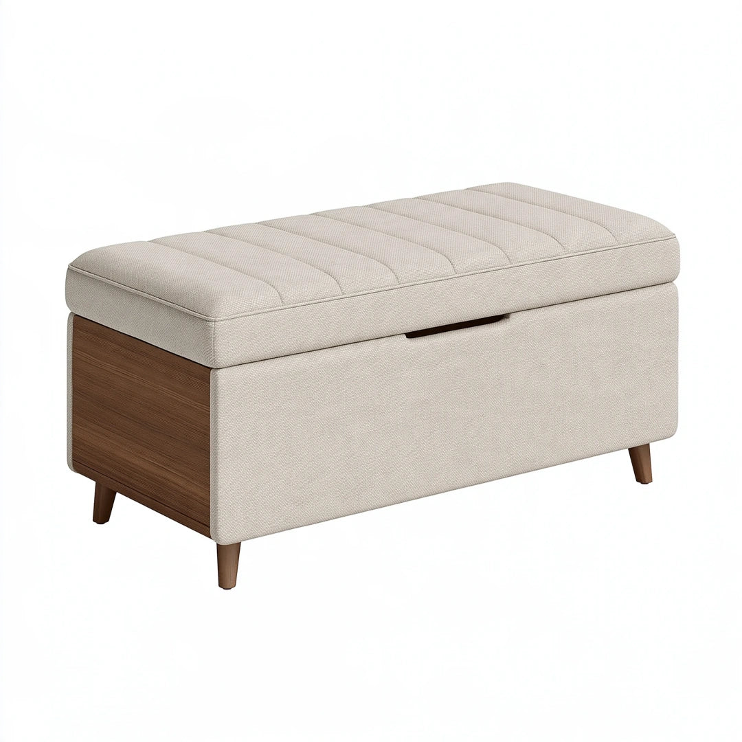 Panca contenitore 110 x 45 x 48 cm in tessuto beige e legno - seduta imbottita