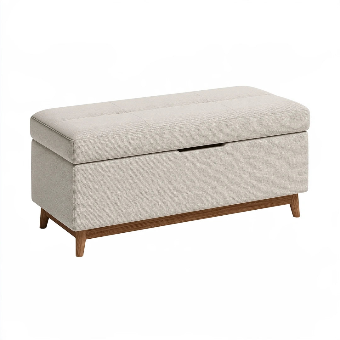 Panca contenitore 110 x 45 x 48 cm in tessuto beige con gambe in legno stile moderno