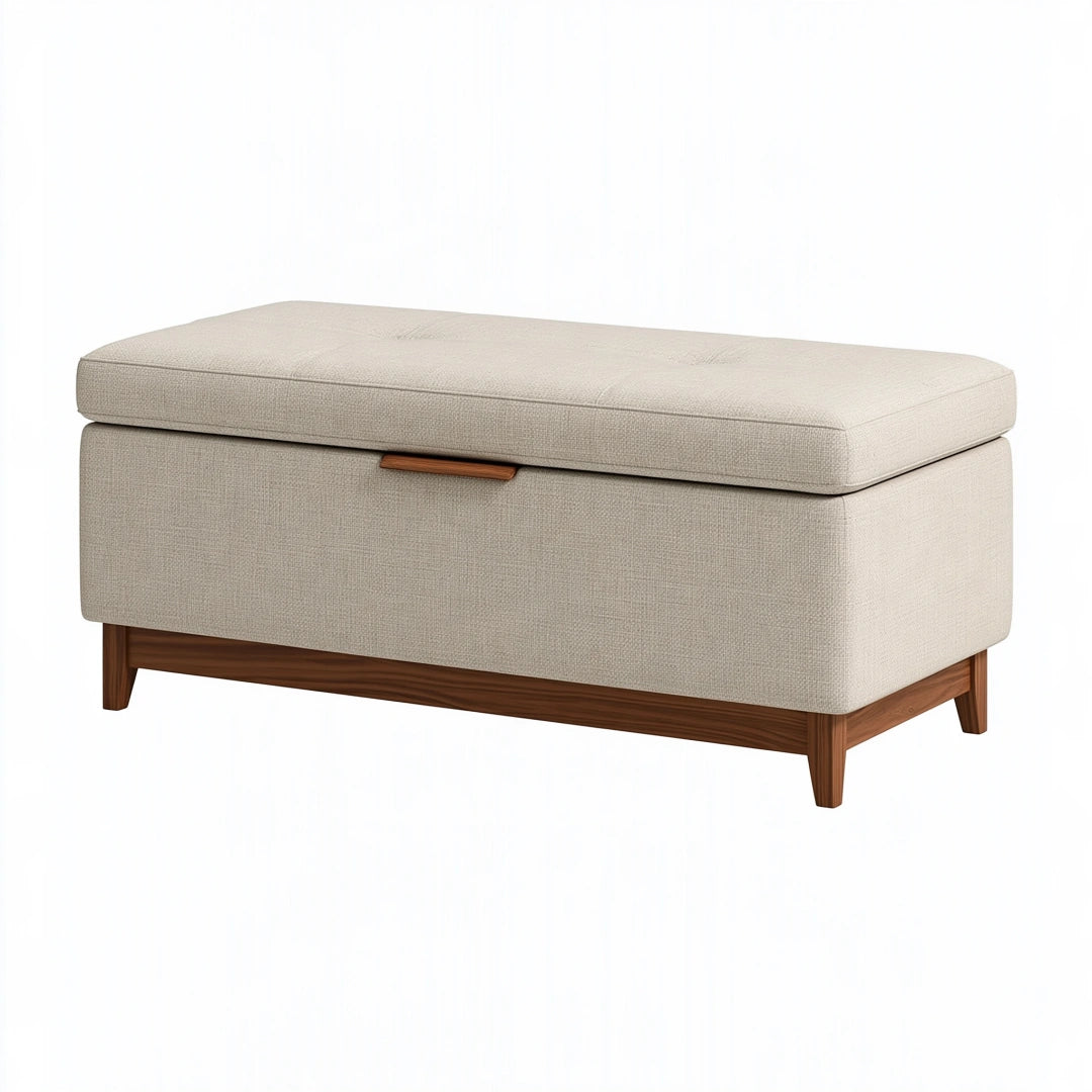 Panca contenitore 110 x 45 x 50 cm in tessuto beige e legno stile moderno