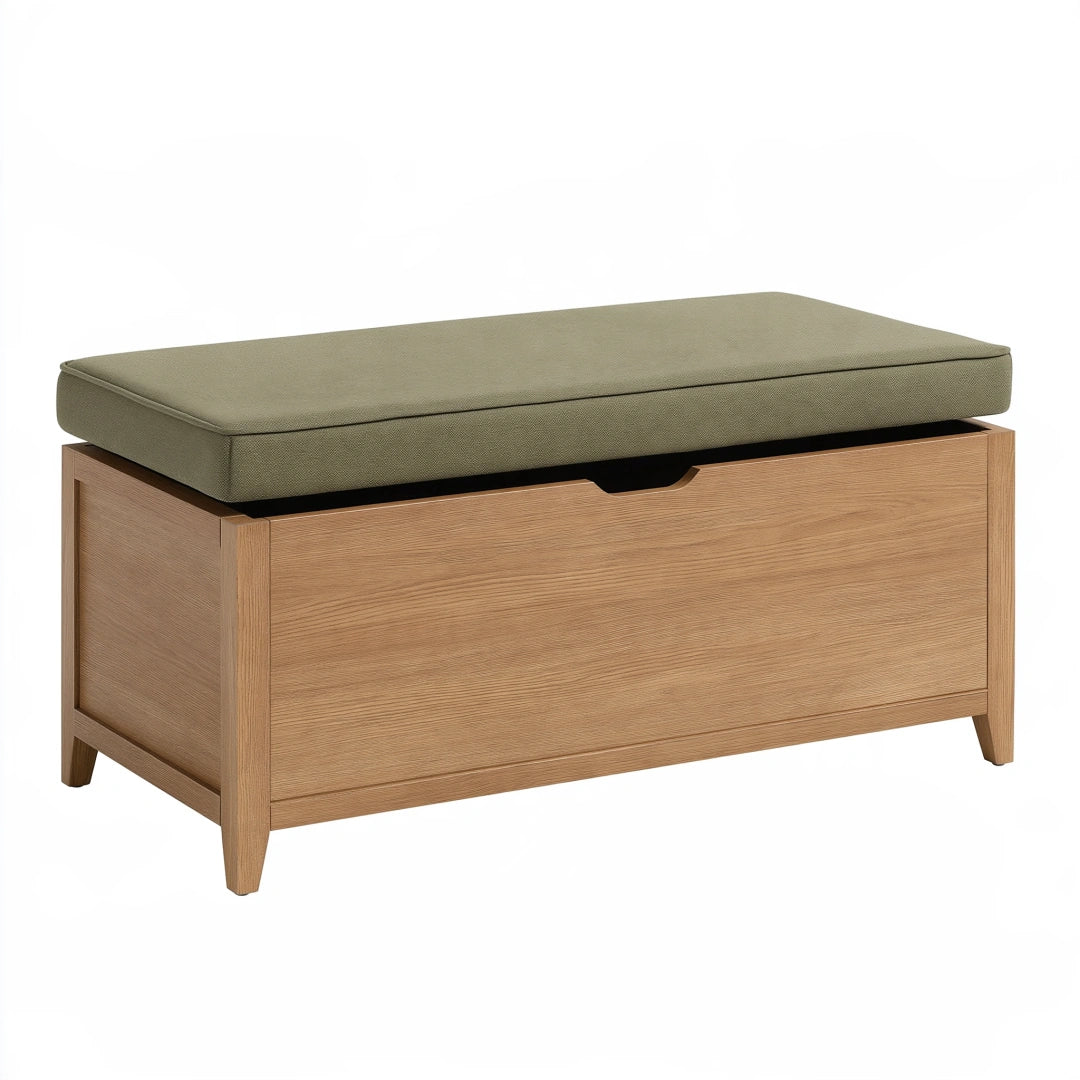 Panca contenitore 100 x 40 x 52 cm in legno naturale e tessuto verde oliva - seduta imbottita con vano portaoggetti