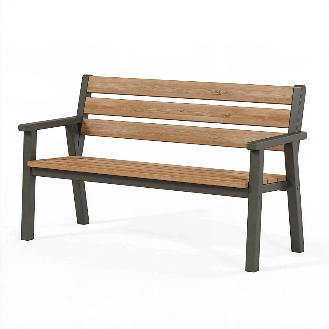 Panca da giardino 120 cm in metallo e doghe effetto legno marrone antracite stile moderno