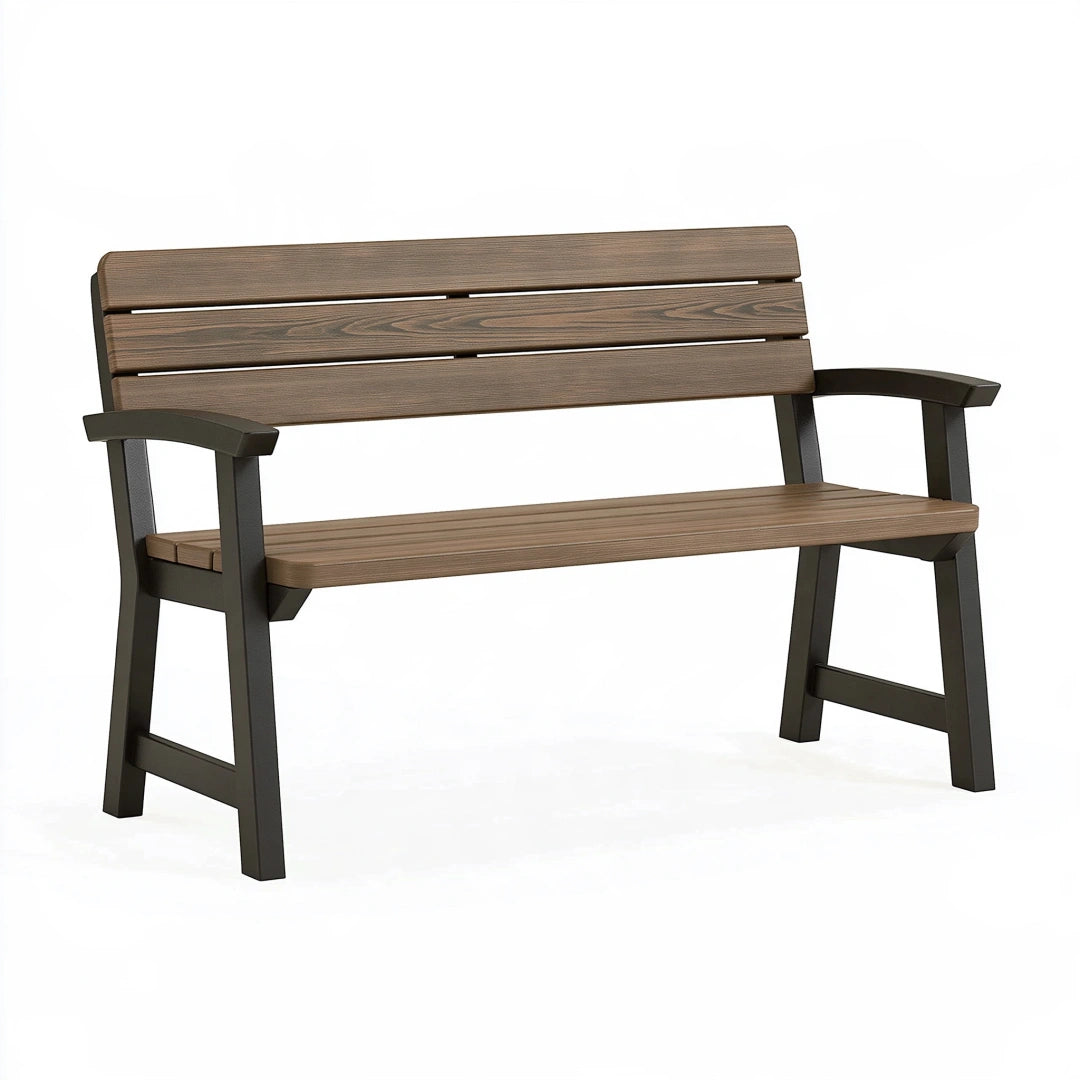 Panca da giardino 120 x 60 x 85 cm in metallo e finitura effetto legno marrone nero con braccioli stile moderno